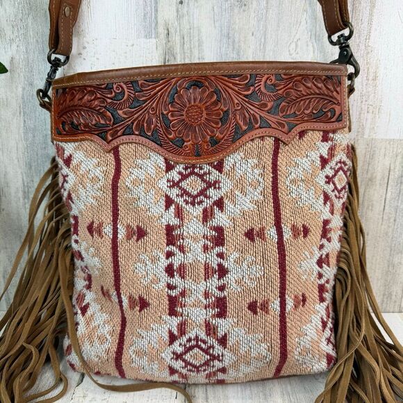 Myra Bag Mojave Paisley Fringed Western Hand Crossbody Tooled Bag - Picture 3 of 12